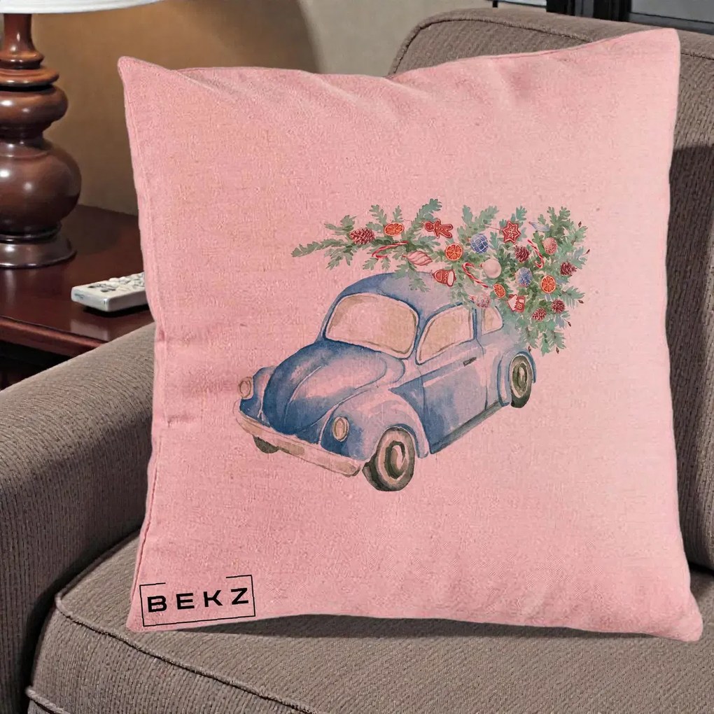 Perna Decorativa Masinuta Albastra cu Brad de Craciun, 40x40 cm, Roz, Husa Detasabila, Perna Inclusa, BEKZ®