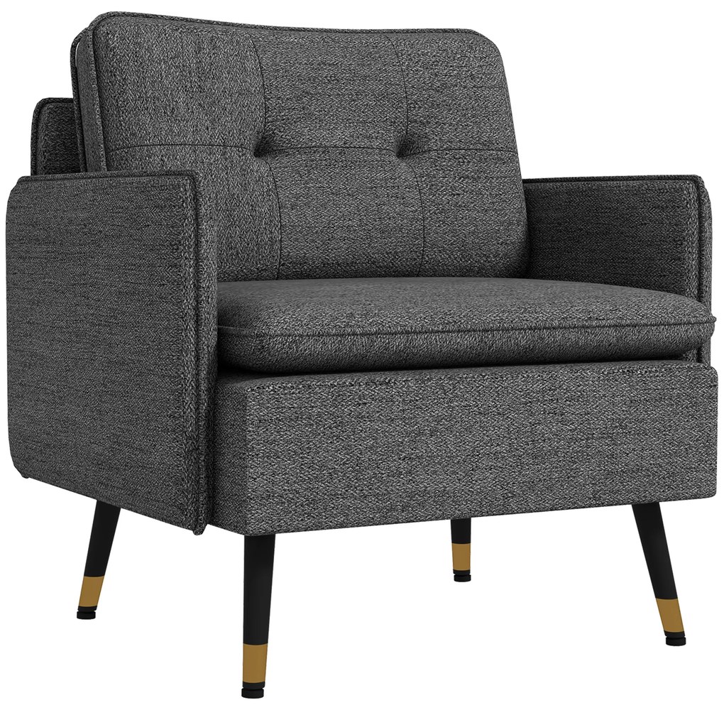 HOMCOM Fotoliu scandinav cu spătar capitonat cu trecere în material 76 x 68 x 80 cm gri și picioare din metal negru și auriu | Aosom Romania