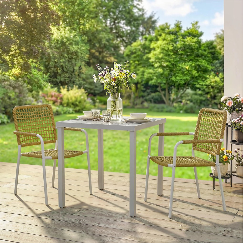 Outsunny Set de 2 scaune de grădină stivuibile din rășină împletită cu cotiere și spătar, 55x57x82cm, galben | Aosom Romania