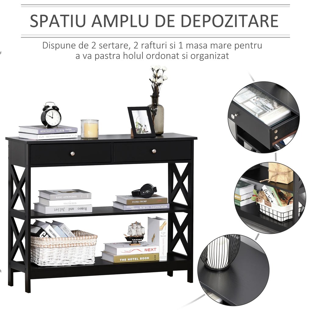 HOMCOM Masa Consola cu 2 Sertare si 2 Rafturi Mobile pentru Intrare si Living 100x30.5x80cm, Neagra