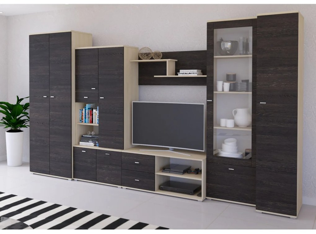 Living ARS, 7 corpuri, corp PAL stejar american, fronturi PAL frasin, 370x51x199 cm