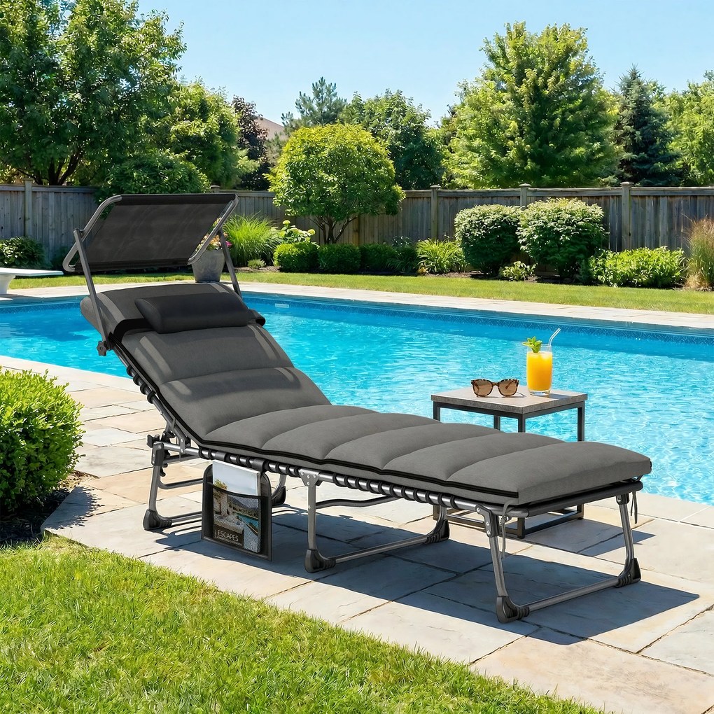 Outsunny Șezlong 5 poziții reglabil, cu copertină, pernă, suport pentru cap și buzunar lateral, 190x57x30cm, Gri închis | Aosom Romania