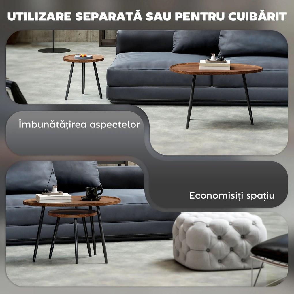 HOMCOM Set de 2 Măsuțe de Cafea Suprapunabile din Lemn și Metal | Aosom Romania