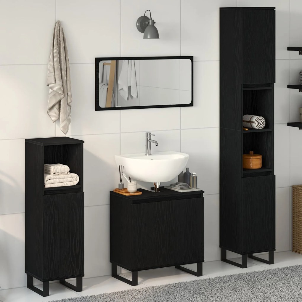 vidaXL Set de Mobilier pentru Baie 3 Piese Stejar Negru din Lemn Ingineresc