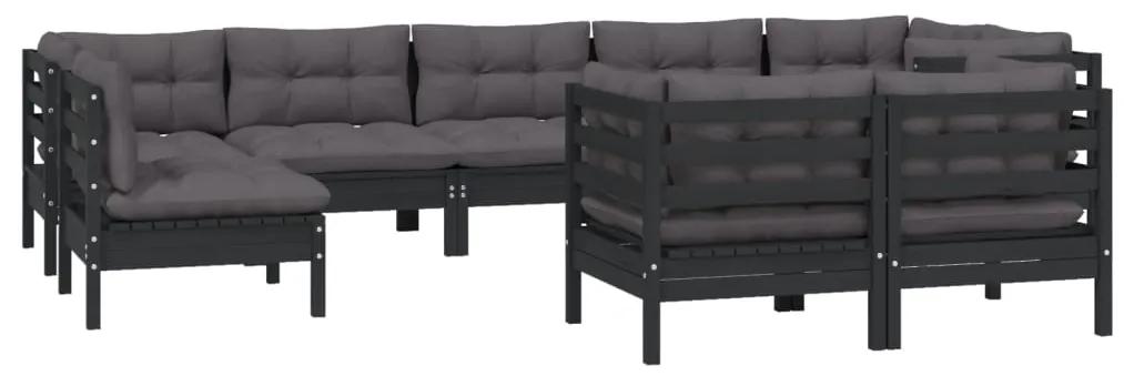 Set mobilier gradina cu perne, 9 piese, negru, lemn masiv pin Negru, 1
