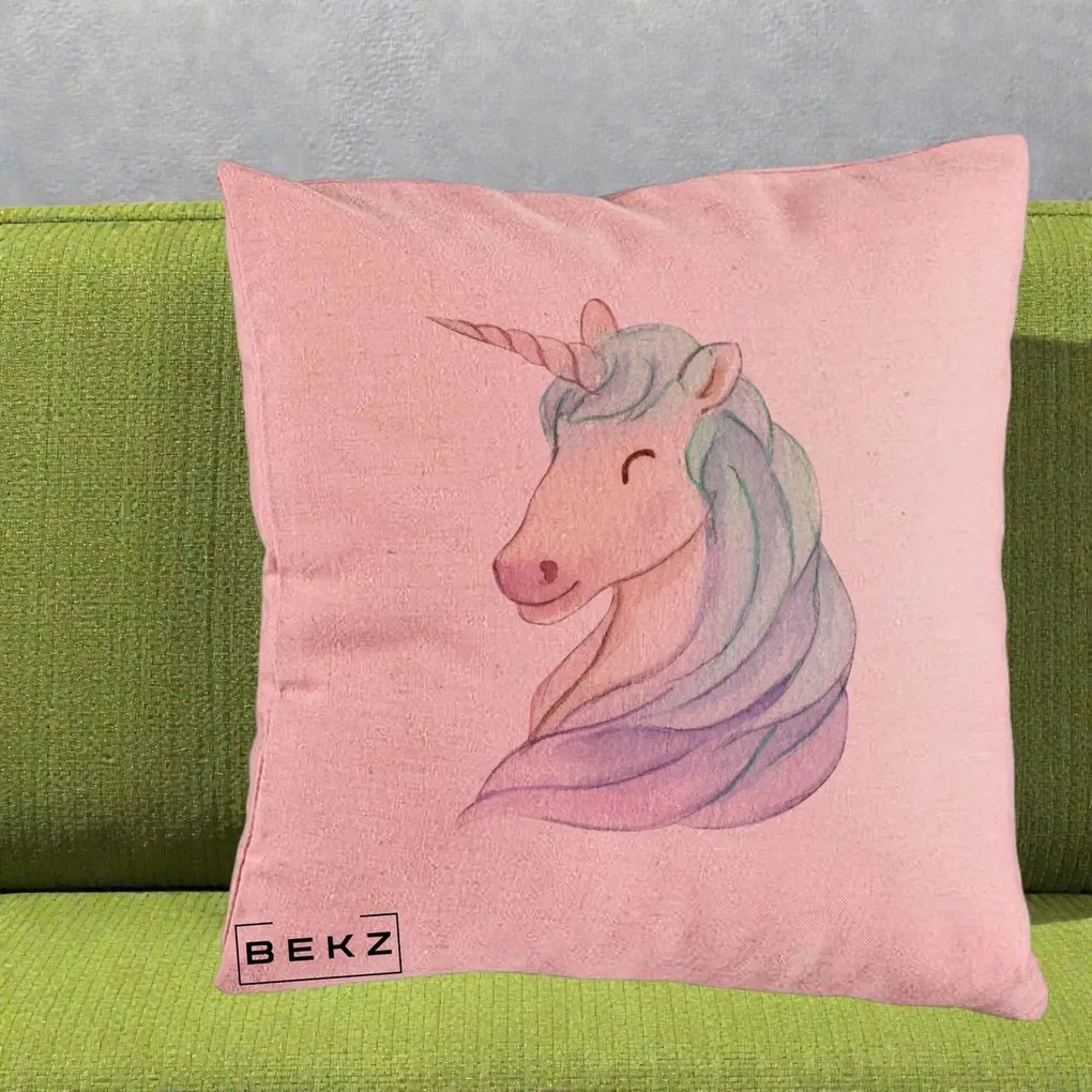 Perna Decorativa Unicorn Acuarela Pastel, 40x40 cm, Roz, Husa Detasabila, Perna Inclusa, BEKZ®