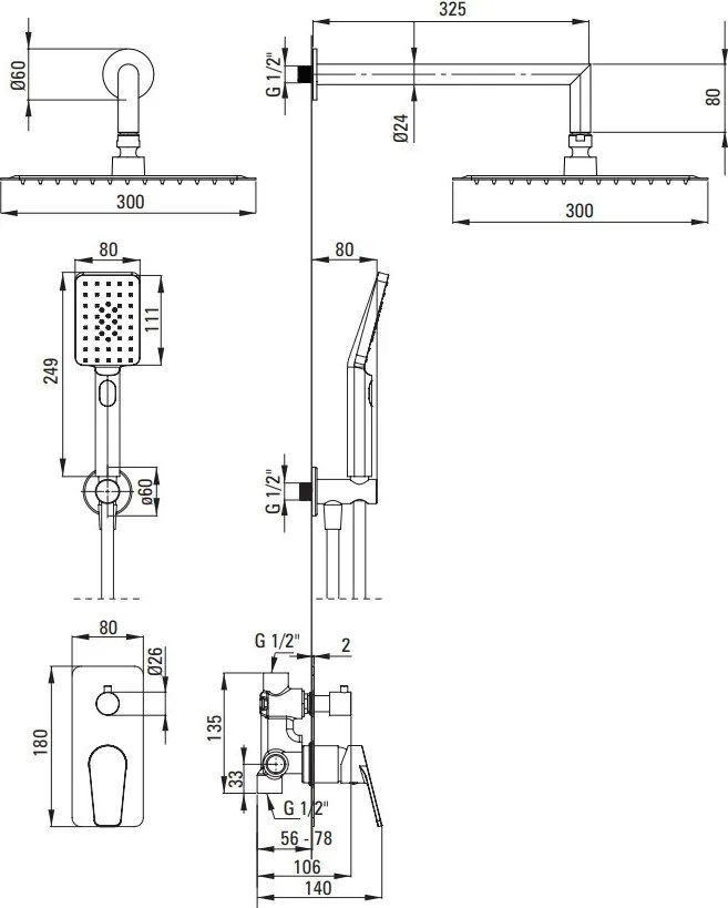 Jasmin finisaj negru set de dus incastrat cu baterie , para de dus, si dispersor fix NAC N9JP