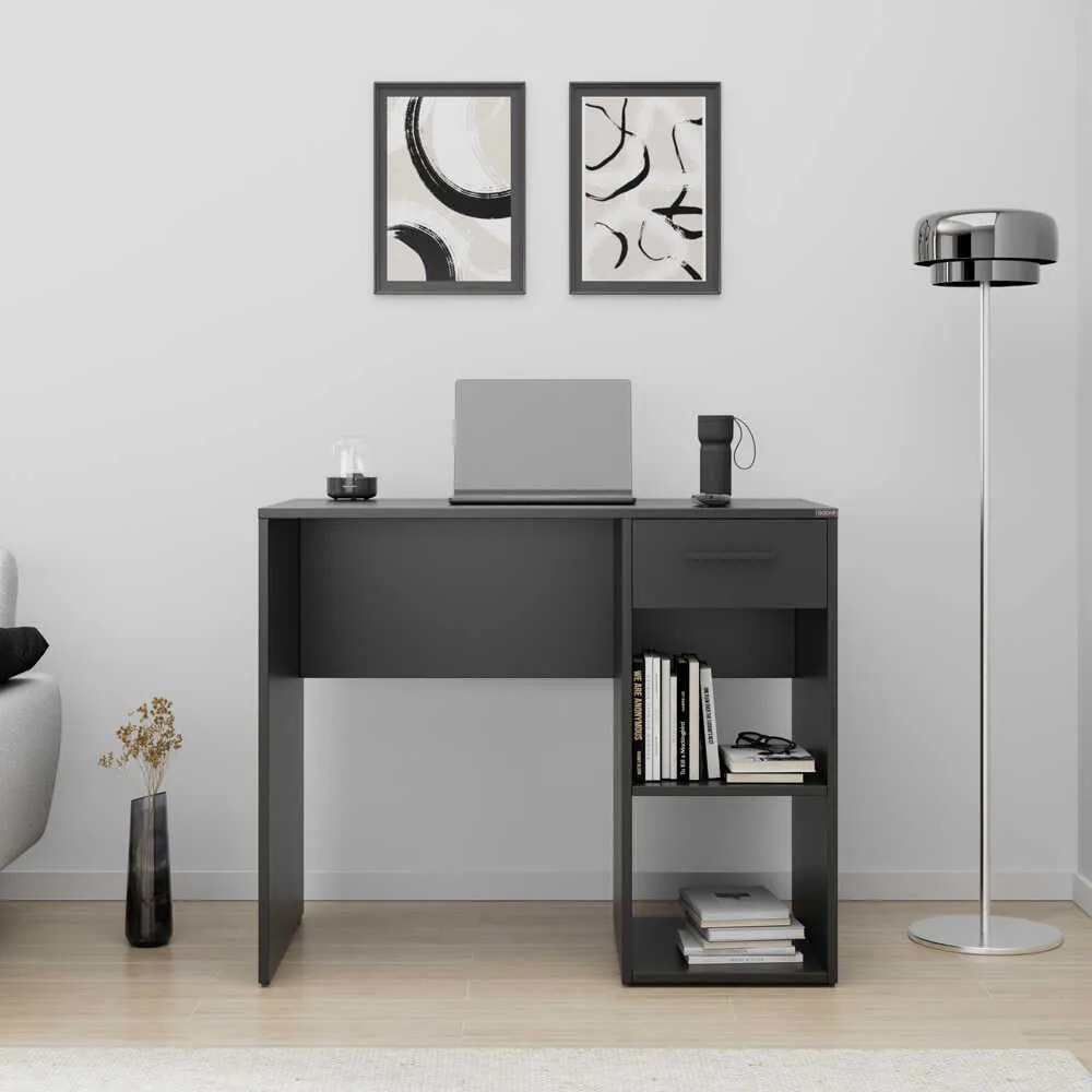Birou Modern Adore Concept cu Sertar și 2 Rafturi, Alb - Maro - Stejar - Antracit, 90x52x75 cm