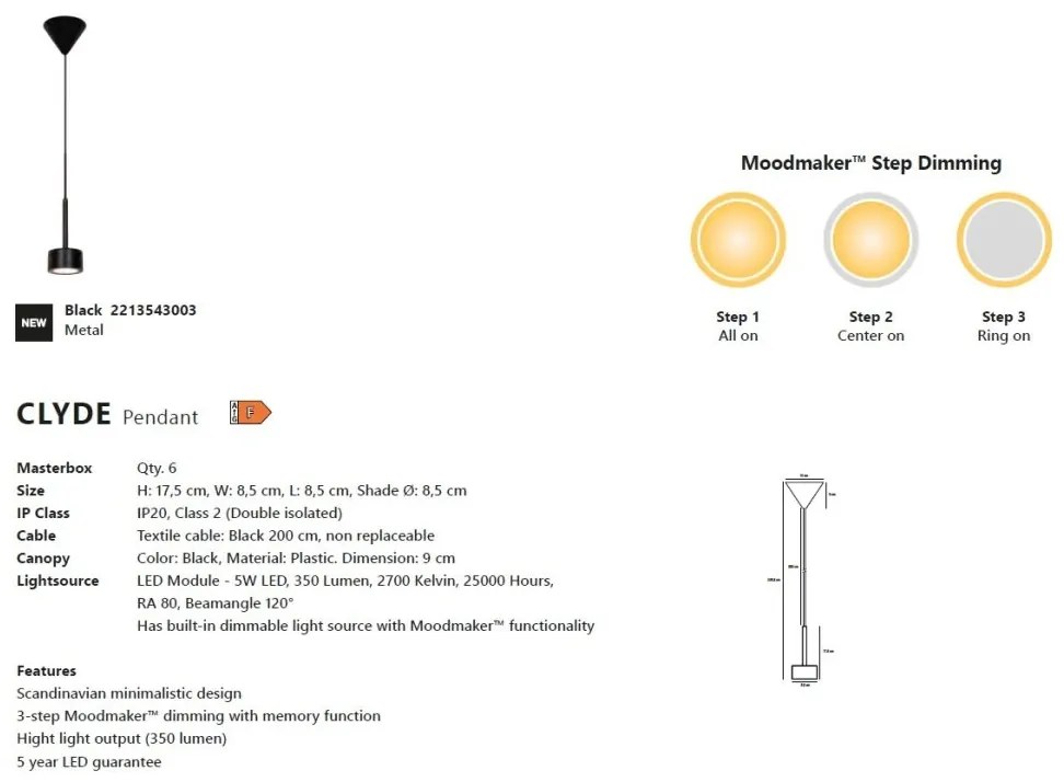 Pendul LED, design modern, 3-Step MOODMAKER, Clyde negru
