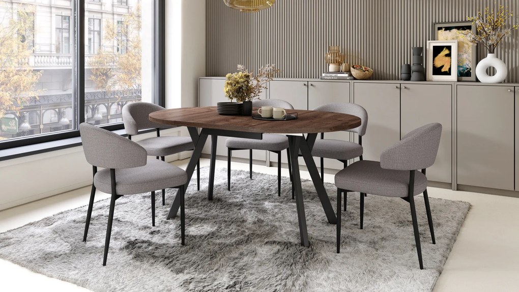 Mazzoni ALMO Stejar Maro/picioare negre - MASĂ ROTUNDĂ EXTENSIBILĂ CU PICIOARE ÎN FORMĂ DE Y STIL LOFT PENTRU SALON/SUFRAGERIE