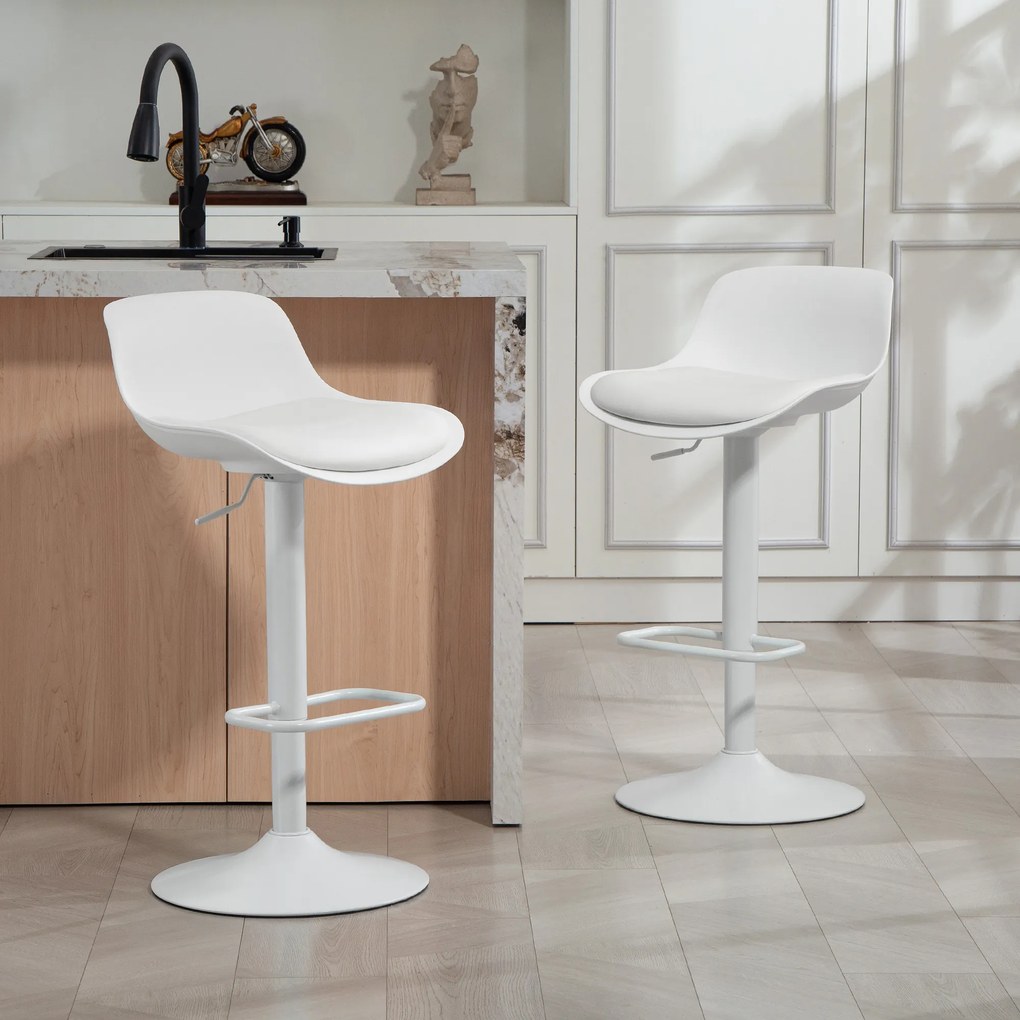 HOMCOM Set de 2 Scaune de Bar Rotative cu Spătar și Înălțime Reglabilă Alb | Aosom Romania