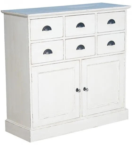 Comoda alba, din lemn de pin, cu 6 sertare si 2 usi, aspect vintage, Country