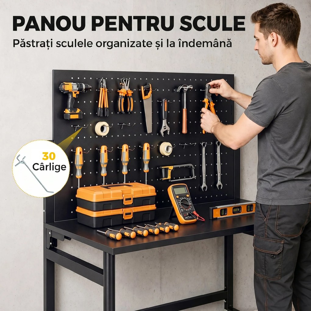 HOMCOM Banc de Lucru Pliabil Portabil cu Panou Perforat, Blat Gros din Lemn, Structură din Oțel, Negru | Aosom Romania