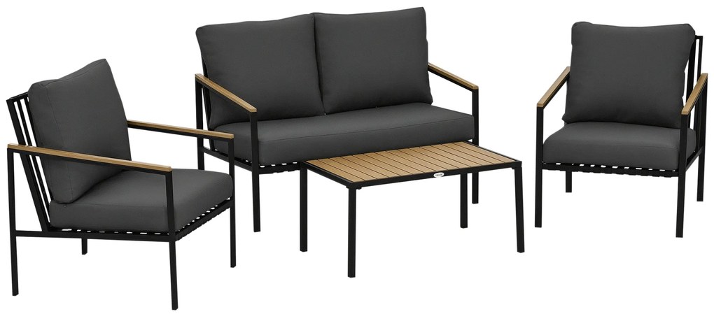 Outsunny Set mobilier de grădină 4 piese 4 persoane cu canapea cu 2 locuri fotolii și masă de cafea 8 perne negru gri închis | Aosom Romania