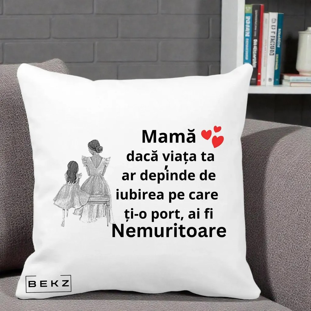 Cadou pentru Mama - Perna Personalizata Mama Nemuritoare Line Art, 40x40 cm, Alba Mata, Husa Detasabila, Perna Inclusa, BEKZ®