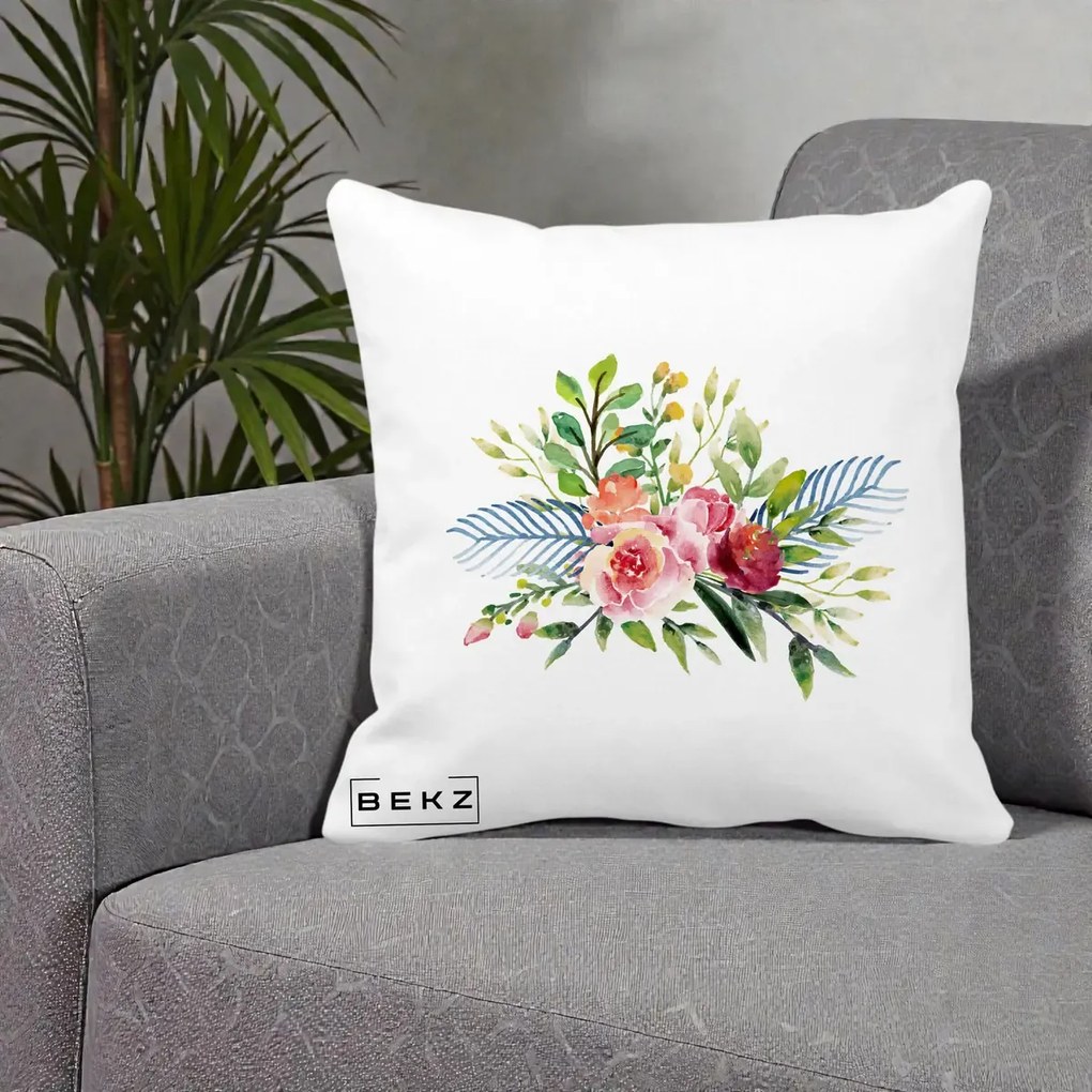 Perna Decorativa Buchet Flori Acuarela Roz-Verde, 40x40 cm, Alba Mata, Husa Detasabila, Perna Inclusa, BEKZ®
