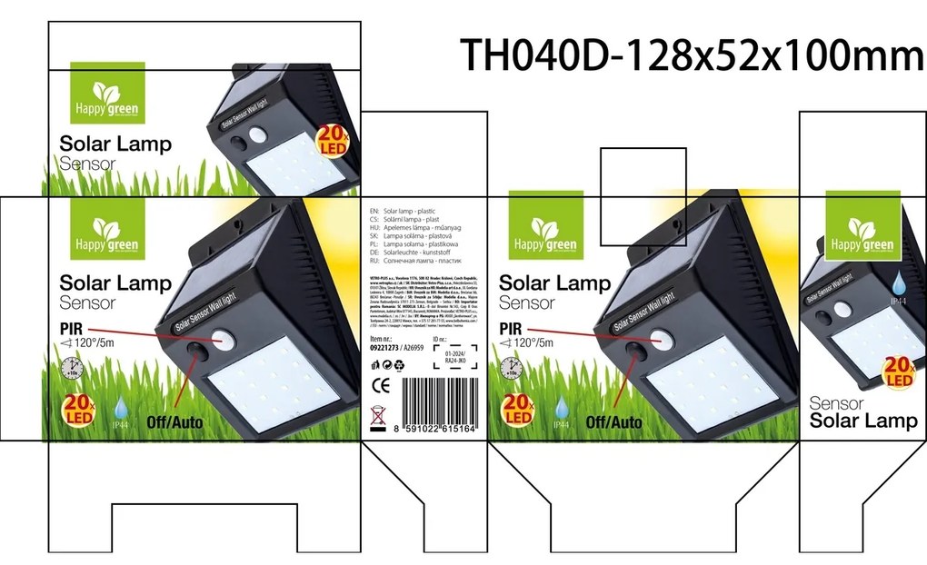 Lampa solară Happy Green Sensor 20 LED, 4,9 x 12,5x 9,6 cm