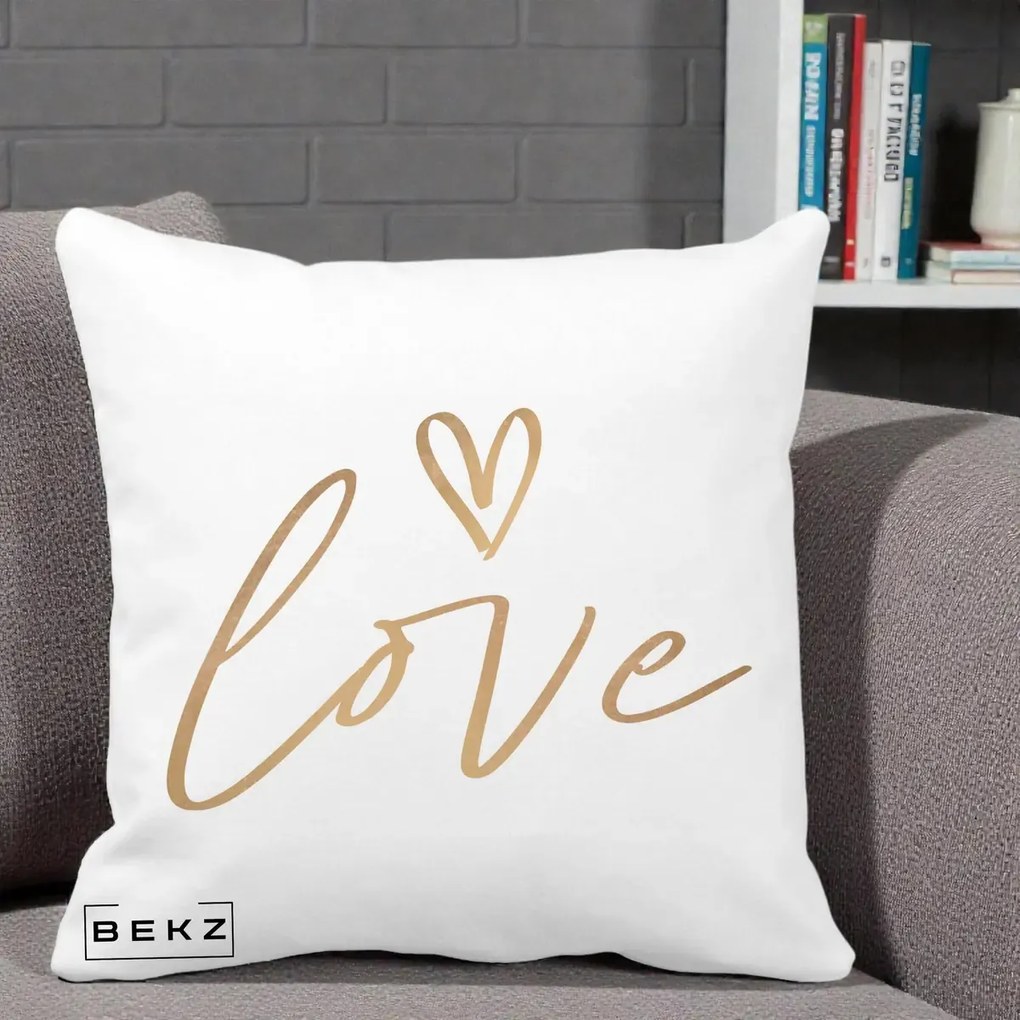 Perna Decorativa Love Caligrafie Aurie, 40x40 cm, Alba Mata, Husa Detasabila, Perna Inclusa, BEKZ®