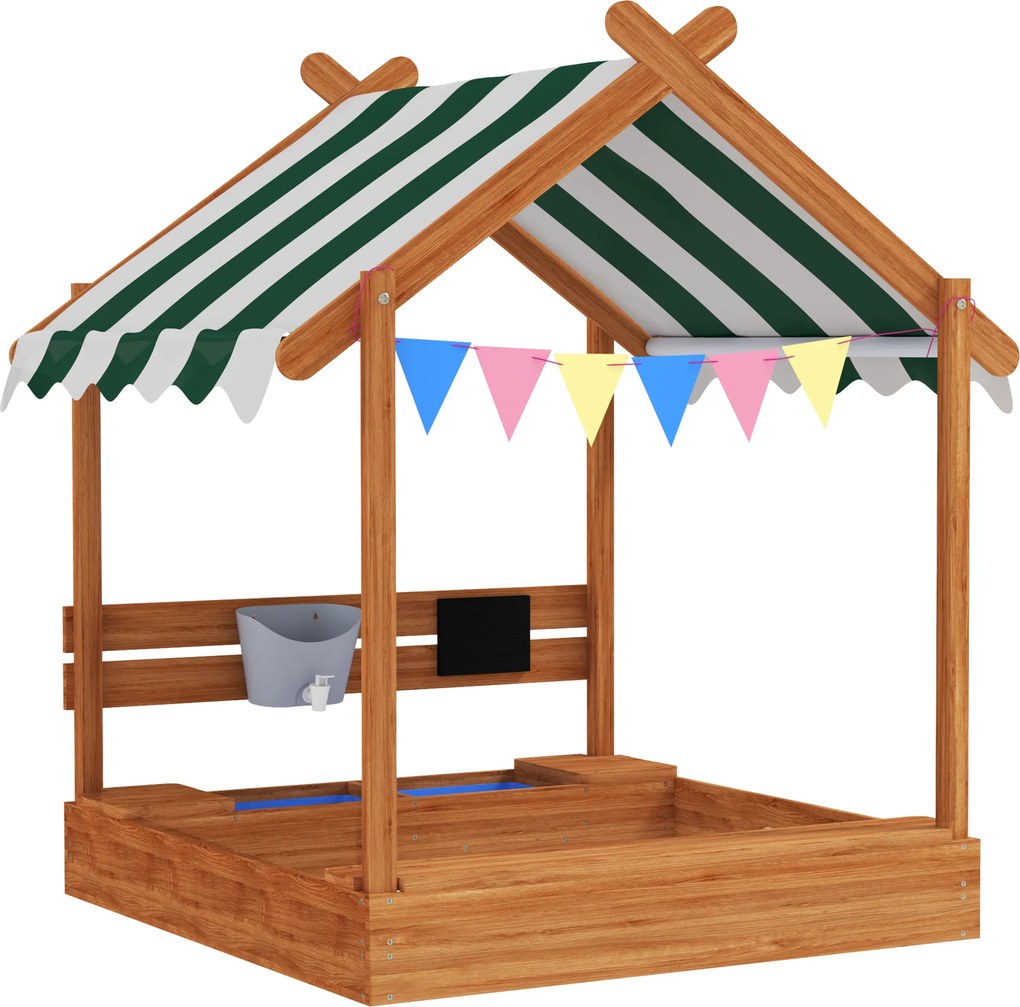 Outsunny Nisipar pentru copii cu copertină 6 fanioane 2 tăvi robinet și tablă în formă de căsuță pentru curte 124x116x146 cm Portocaliu | Aosom Romania