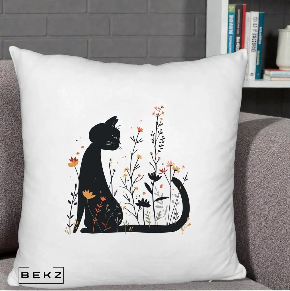 Perna Decorativa Pisica Neagra Flori Portocalii Silueta, 40x40 cm, Alb Pufos, Husa Detasabila, Perna Inclusa, BEKZ®
