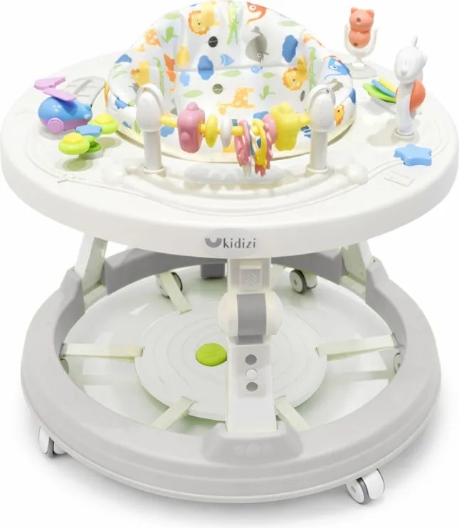 Centru de activitati transformabil in premergator Kidizi Orbit Activity Seat gri pentru bebelusi, cu panou rotativ 360°, panou pentru picioare interactiv detasabil si reglaj pe 3 niveluri