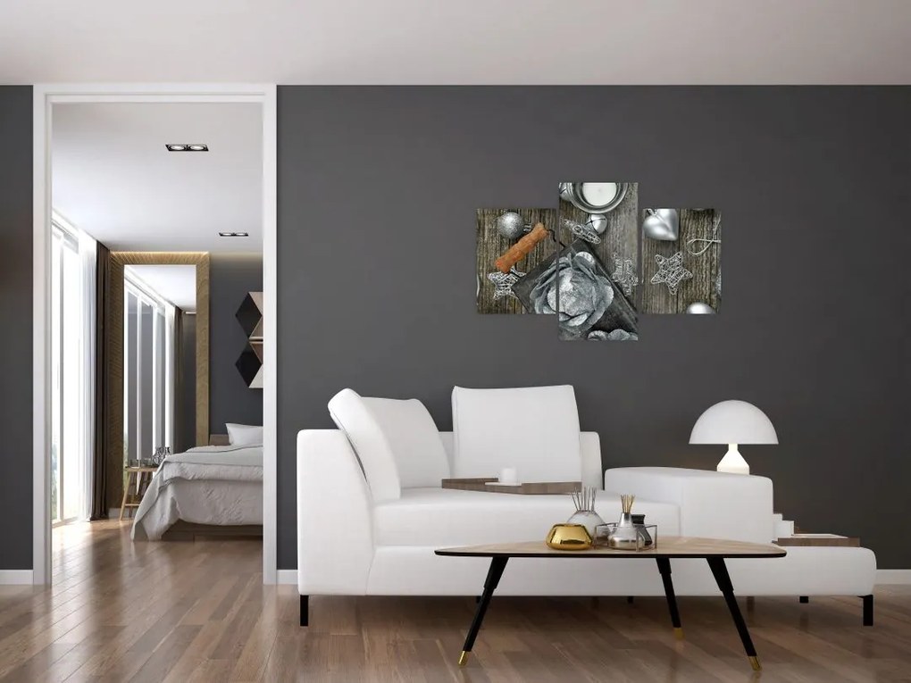 Tablou - decorațiuni argintii de Crăciun (90x60 cm)
