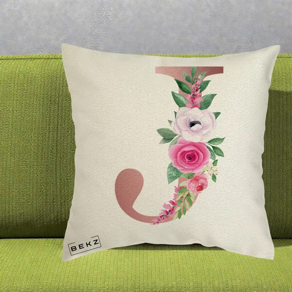 Cadou Personalizat - Perna Personalizata Monograma Rose Gold Litera J, 40x40 cm, Ecru, Husa Detasabila, Perna Inclusa, BEKZ®