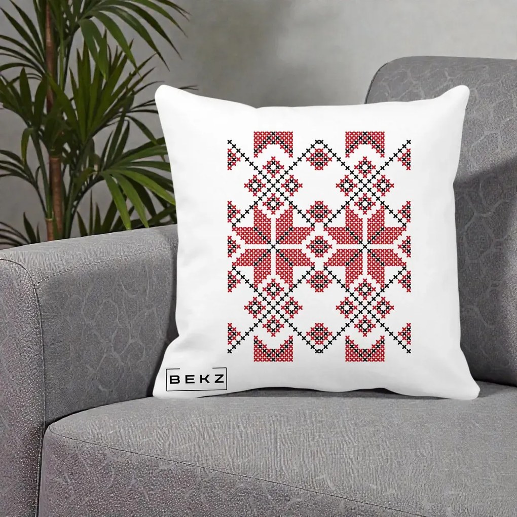 Perna Personalizata Motiv Traditional Cusatura Rosu-Negru, 40x40 cm, Alba Mata, Husa Detasabila, Perna Inclusa, BEKZ®