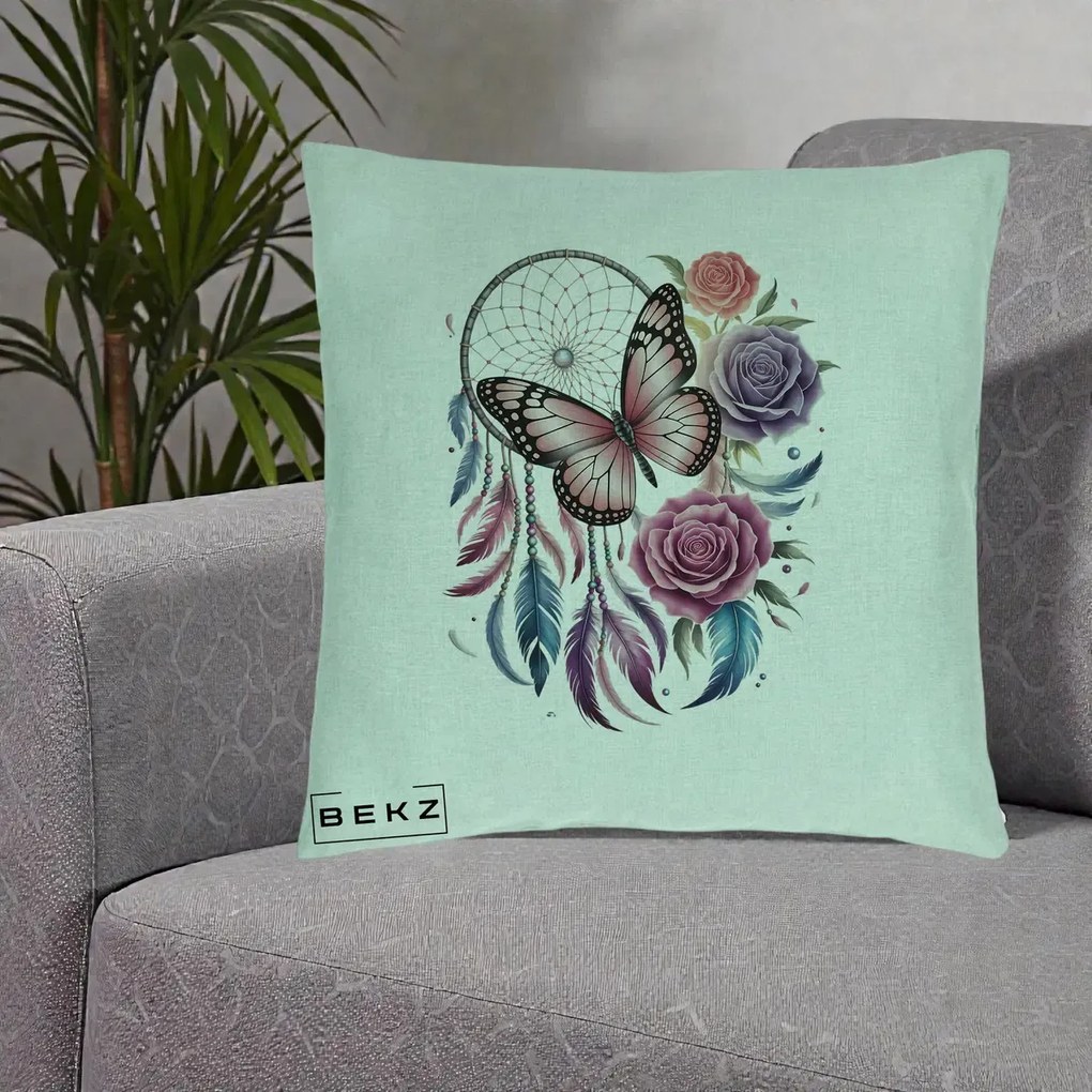 Perna Personalizata Prinzator de Vise cu Fluture si Trandafiri, 40x40 cm, Verde Menta, Husa Detasabila, Perna Inclusa, BEKZ®