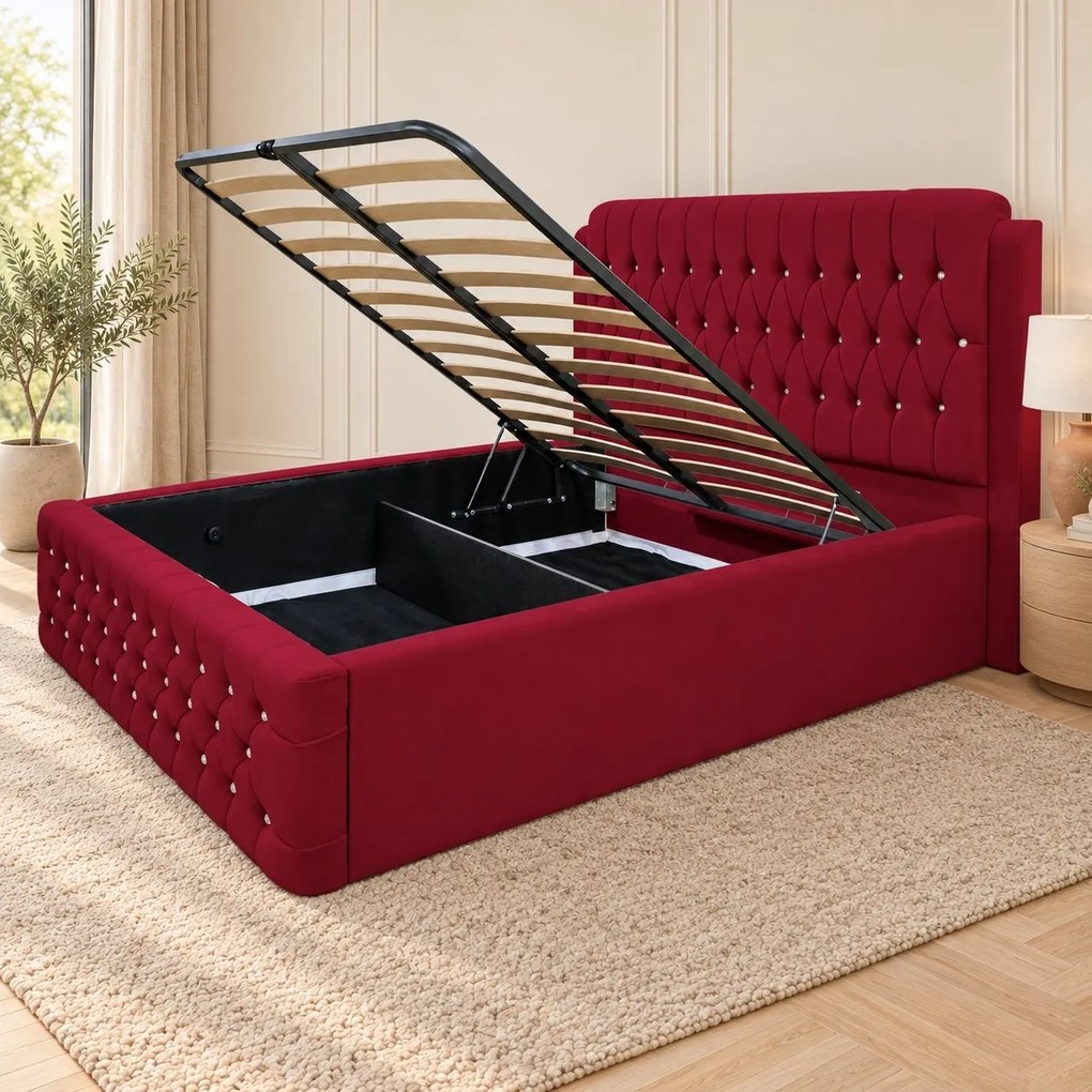 Pat tapițat Chesterfield din catifea Aveline Deluxe 180×200 cm, vișiniu, cu ladă de depozitare