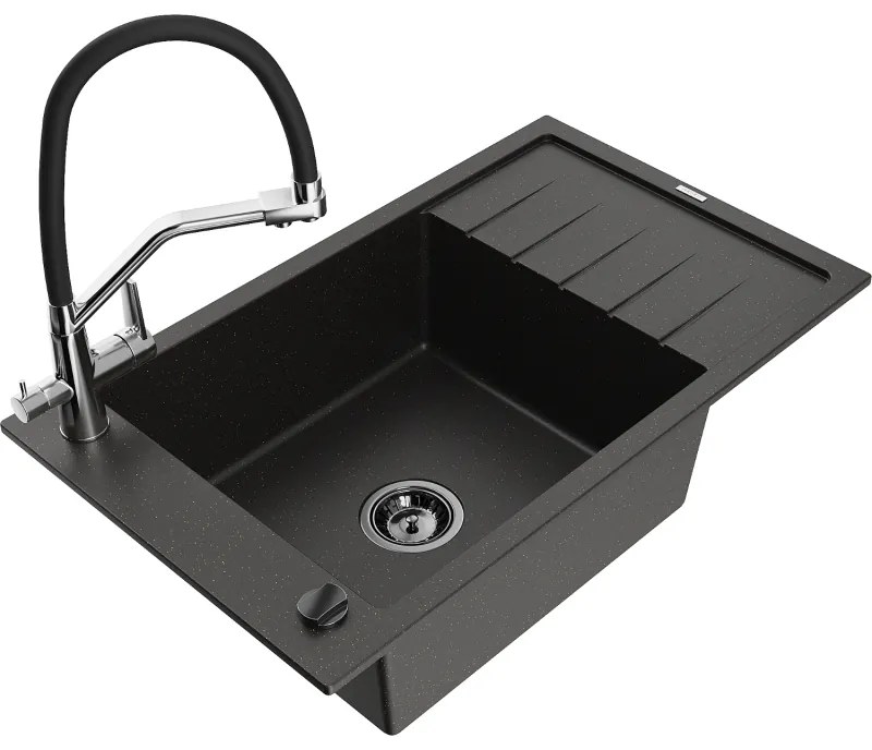 Mexen Elias chiuvetă din granit cu 1 compartiment cu scurgător și baterie de bucătărie Duo, negru/auriu metalic
