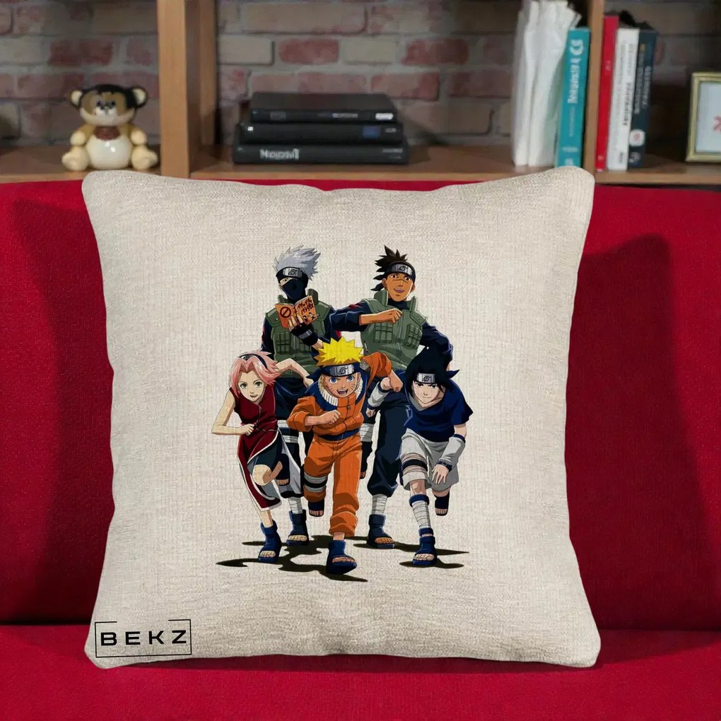Perna Personalizata Naruto Echipa 7 Kakashi Sensei, 40x40 cm, Bej Canapea, Husa Detasabila, Perna Inclusa, BEKZ®