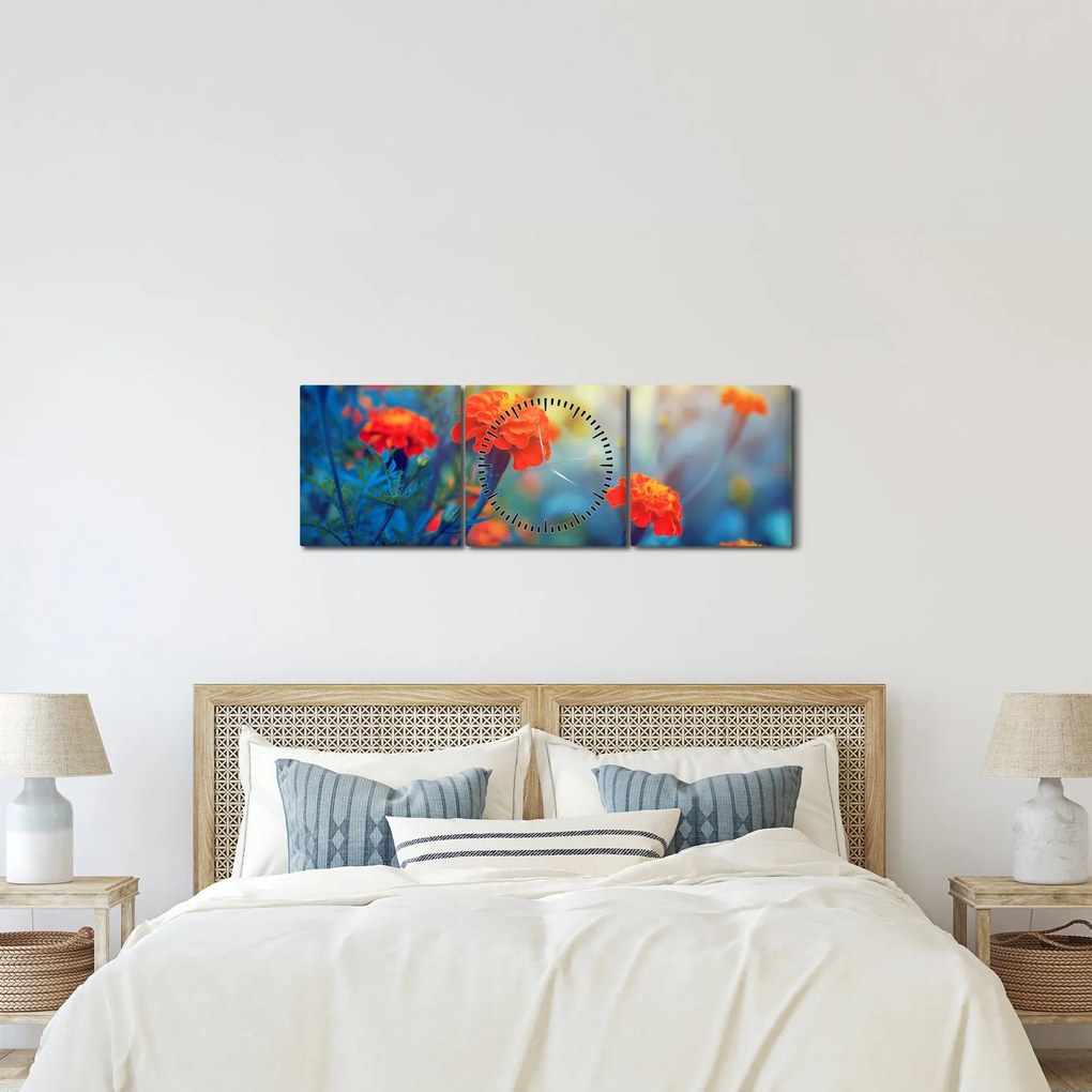 Tablou - Flori portocalii (cu ceas) (90x30 cm)