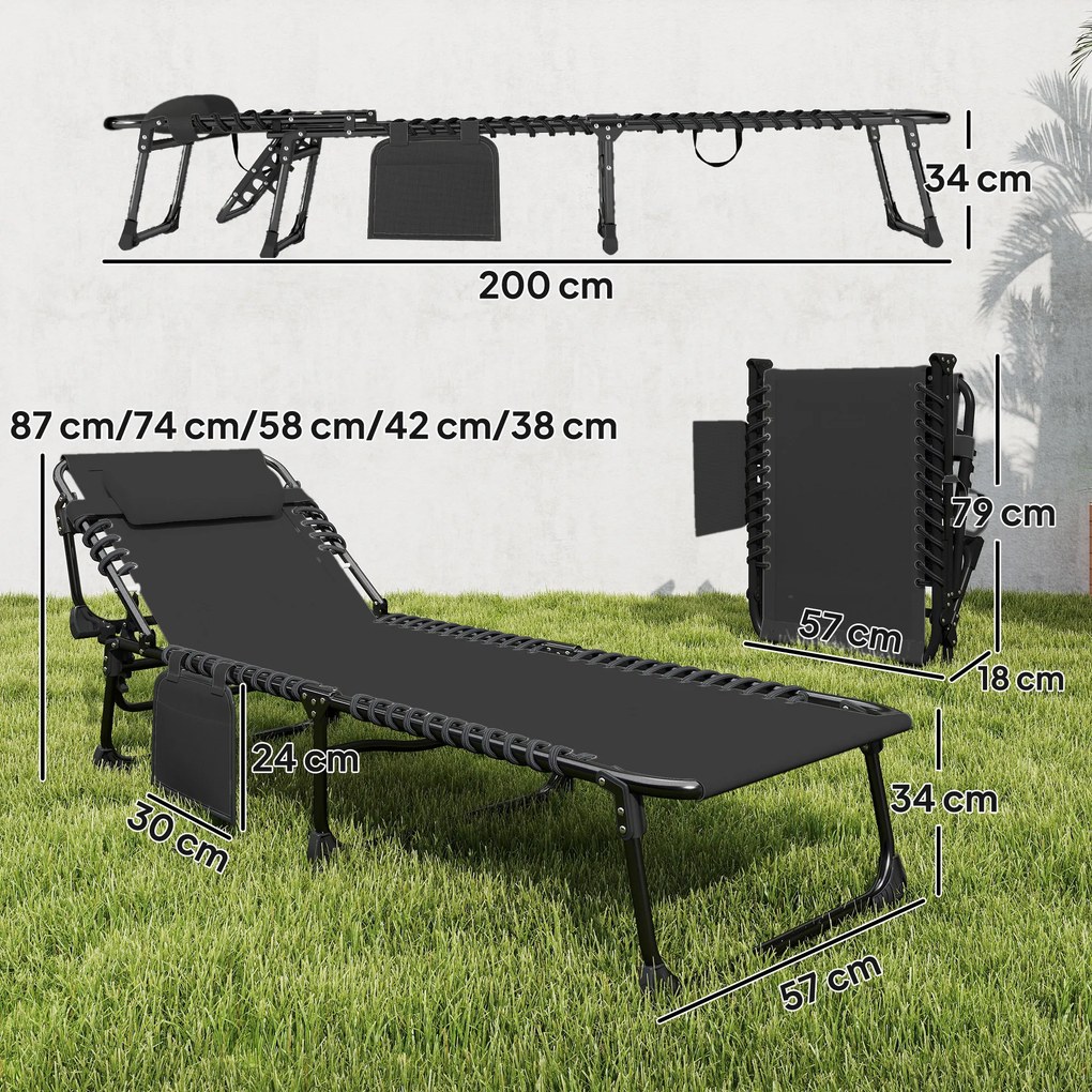 Outsunny Set de 2 Șezlonguri de Grădină Pliabile, Reglabile pe 5 Niveluri, cu Perne, Șezlonguri Textilenă cu Buzunar Lateral, Mâner, pentru Plajă, Piscină, 57x200x38 cm, Negru | Aosom Romania