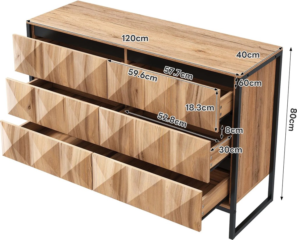 Bufet cu 6 sertare, cadru metalic negru și fronturi de sertare geometrice, 120x40x80 cm, Culoare naturală