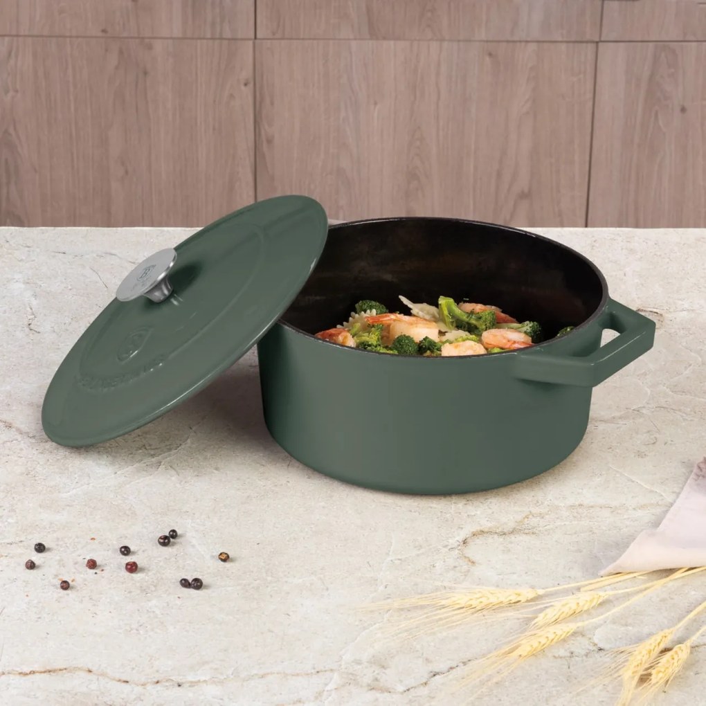 Oală din fontă emailată cu capac 24 cm, 4.35L – Berlinger Haus Green Matte Collection BH 6544, verde, pentru pâine, fripturi și supe