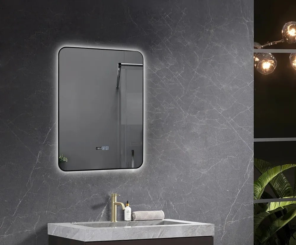 RESIGILAT- Oglinda baie, Multifuncțională, Iluminare LED 3 culori, Ceas încorporat, Sistem Dezaburire, 60x80 cm