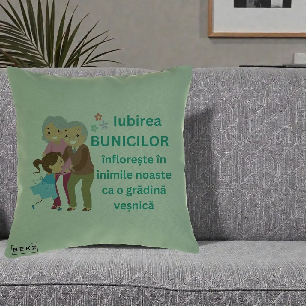 Cadou pentru Bunici - Perna Personalizata Bunicii Iubirea Infloreste cu Nepoata Teal, 40x40 cm, Verde, Husa Detasabila, Perna Inclusa, BEKZ®