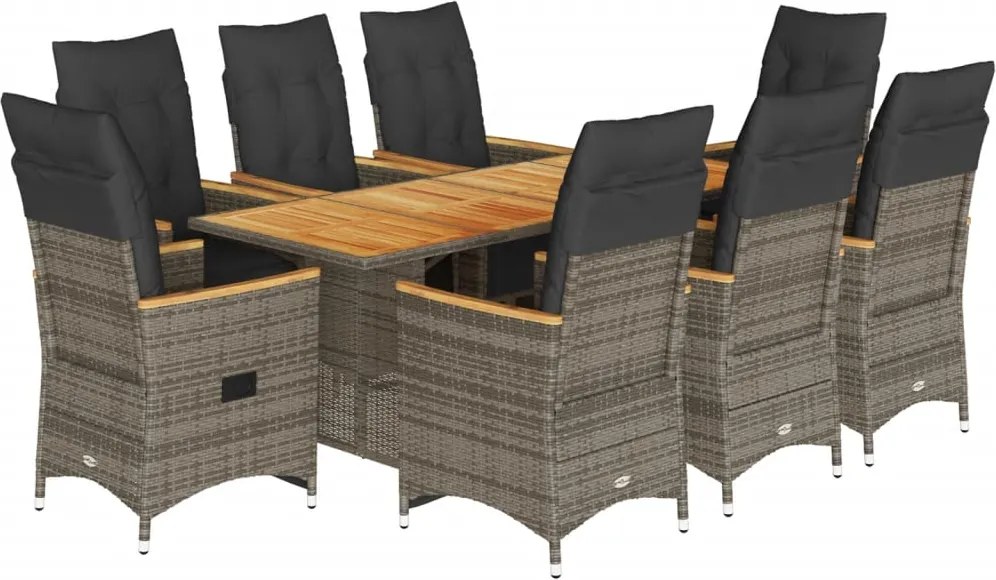 vidaXL Set bistro de grădină cu perne, 9 piese, gri, poliratan