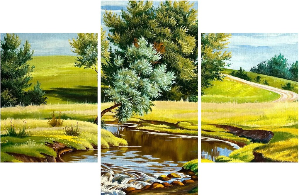 Tablou - Râu între câmpii, pictură în ulei (90x60 cm)