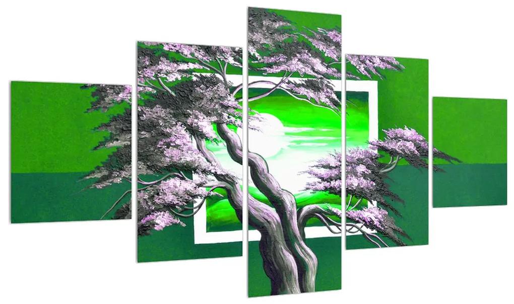 Tablou verde cu copac și răsărit de soare (125x70 cm), în 40 de alte dimensiuni noi