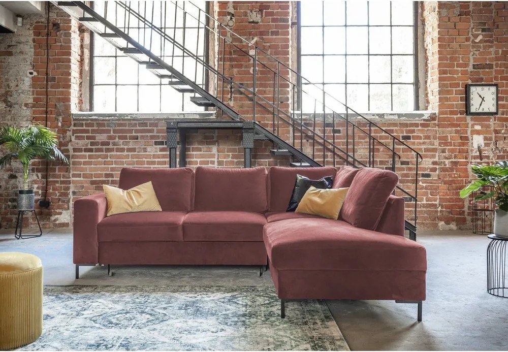 Colțar roz extensibil cu tapițerie din catifea (cu colț pe partea dreaptă) Lofty Lilly – Miuform