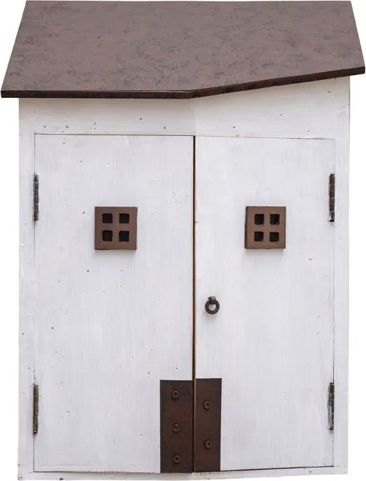 Dulăpior de perete din lemn de paulownia și metal, alb, cu 2 uși, 1 raft și acoperiș din metal, 56 x 40 x 22,5 cm, „Fisherman House”