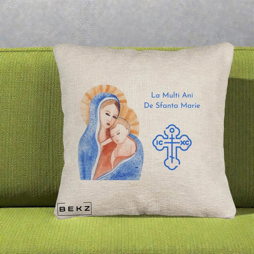 Cadou de Onomastica - Perna Personalizata Sfanta Marie Icoana Acuarela, 40x40 cm, Bej Canapea, Husa Detasabila, Perna Inclusa, BEKZ®