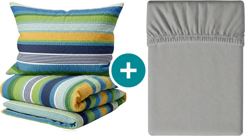 Set de lenjerie de pat creponata LINIE albastra + cearsaf Jersey 90 x 200 cm gri deschis, pat de o persoana