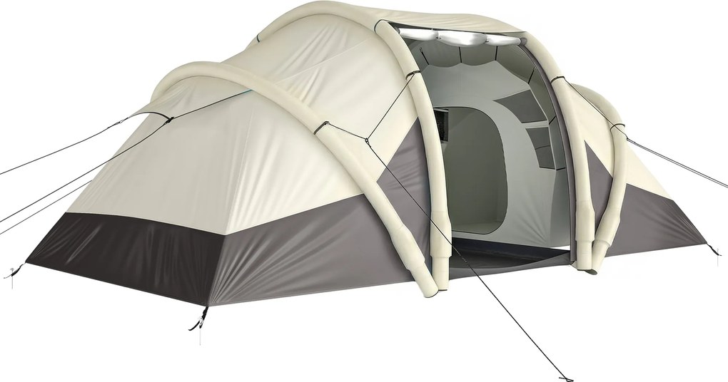 Outsunny Cort Gonflabil Camping 2-4 persoane cu pompă 2 camere și zonă de zi impermeabil 3000 mm 485x245x188 cm gri | Aosom Romania