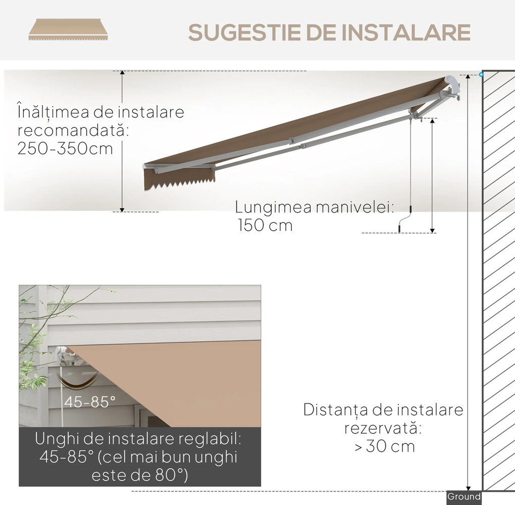Outsunny Copertină Pliabilă pentru Exterior, Copertină Tip Roll-Up cu Deschidere Manivelă, 350x250 cm, Galben | Aosom Romania