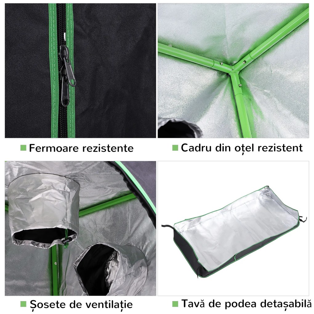 Outsunny Cort Hidroponic pentru Cultivare din Oxford 600D cu 3 Prize de Aer Reglabile și Fereastră, 120x60x150 cm, Negru | Aosom Romania