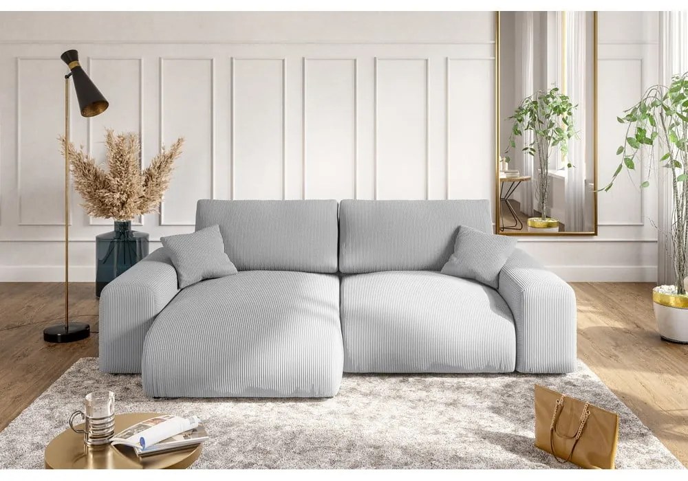 Colțar gri deschis cu tapițerie din catifea reiată (cu colț variabil) Justin – Ropez