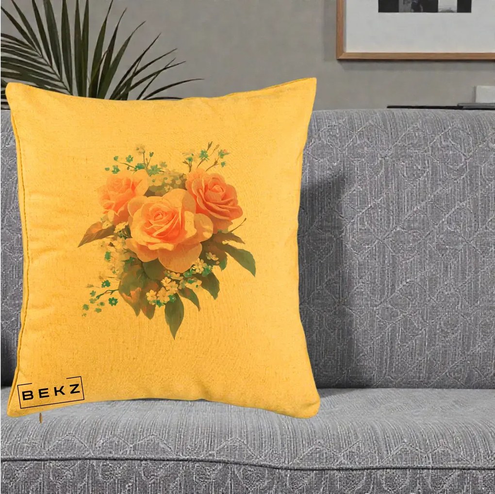 Perna Decorativa Trandafiri Roz cu Floricele Albastre, 40x40 cm, Galben, Husa Detasabila, Perna Inclusa, BEKZ®
